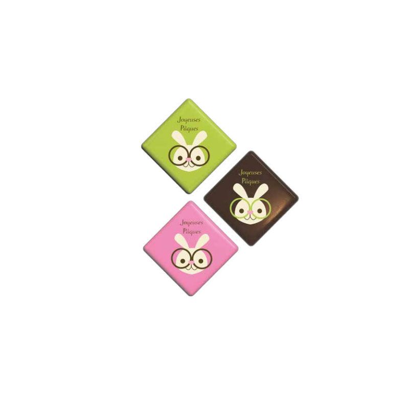 Carrés chocolat lapins à lunettes Joyeuses Pâques assortis (x80)