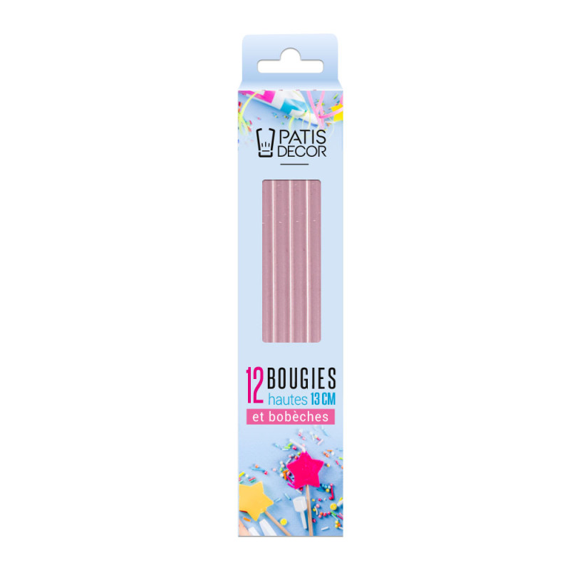 12 bougies roses hautes 13 cm packaging