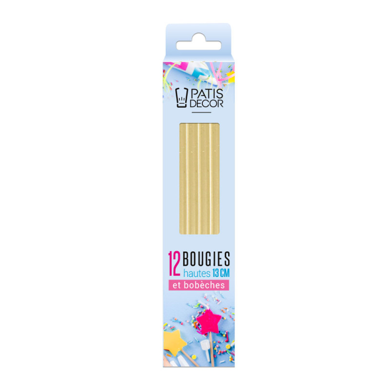 12 bougies dorées pailletées hautes 13 cm packaging