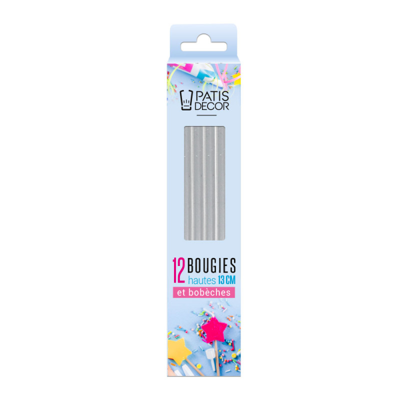 12 bougies argentées hautes 13 cm packaging